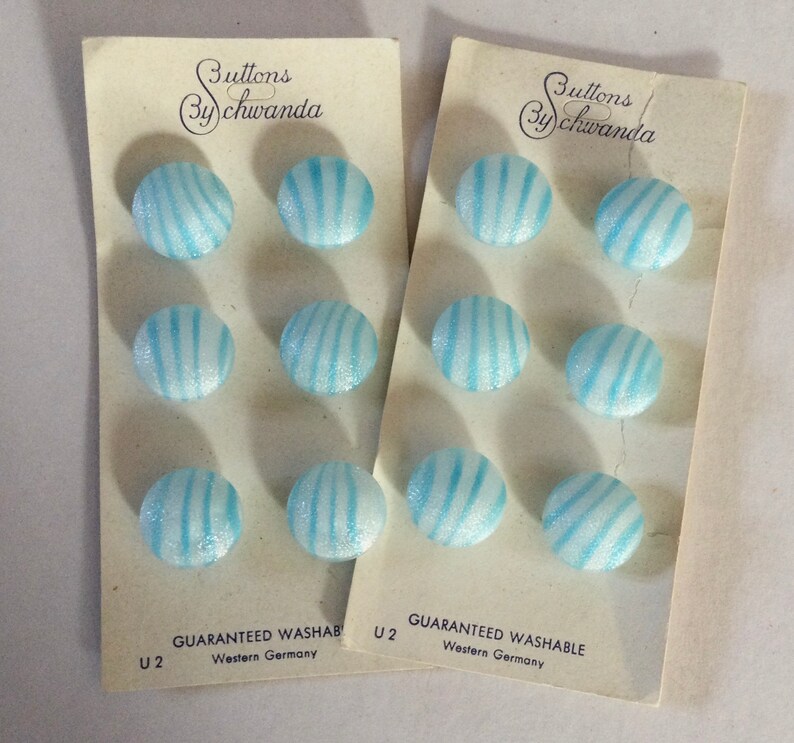 Set 12 vintage West German glass Blue and White striped vintage buttons old