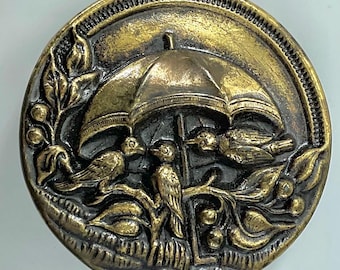 Large Birds Under Umbrella Antique Metal Bird Picture Button Old Pictorial Victorian