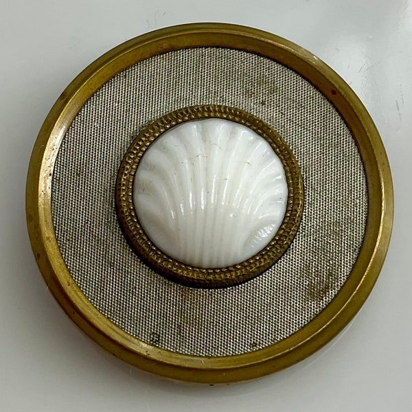 Victorian White Milk Glass Seashell in Metal Antique Button Old Padback Shank