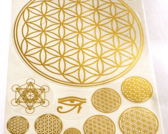Flower of Life, 12 Stickers (1 BIG sheet A5), Metatron Kabbalah, Transparent, Gold