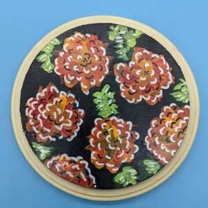 Marigolds on Black Background Round Handpainted Acrylic Wood Plaque Wall Hanging Painting Original