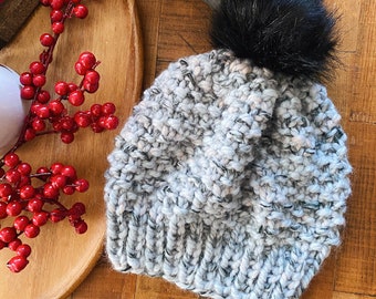 Hand Knit Dreamy faux fur pom beanie, knit heat, ready to ship