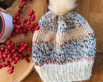 Hand Knit Colored Classic faux fur pom beanie, knit heat, ready to ship