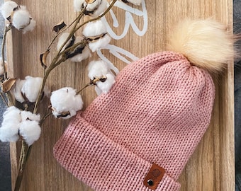 Classique faux fur pom Double bonnet en tricot, chaleur tricotée, prêt à expédier