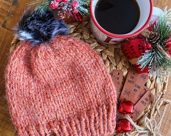 Hand Knit Classic faux fur pom beanie, knit heat, ready to ship