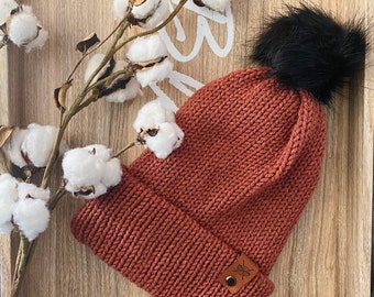 Classic faux fur pom Double knit beanie, knit heat, ready to ship