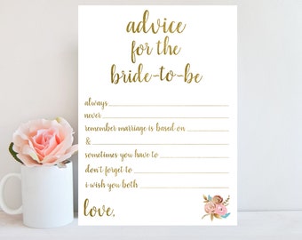 Advice for Bride-to-Be, Bridal Shower Advice Cards, Printable Wedding Advice Cards, Gold Printable, Marriage Advice Cards, Floral Sign BRSG1