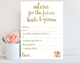 Advice for the Bride and Groom, Bridal Shower Game, Printable Wedding Advice Cards, Floral Sign, Advice for the Bride Printable Gold BRSG1