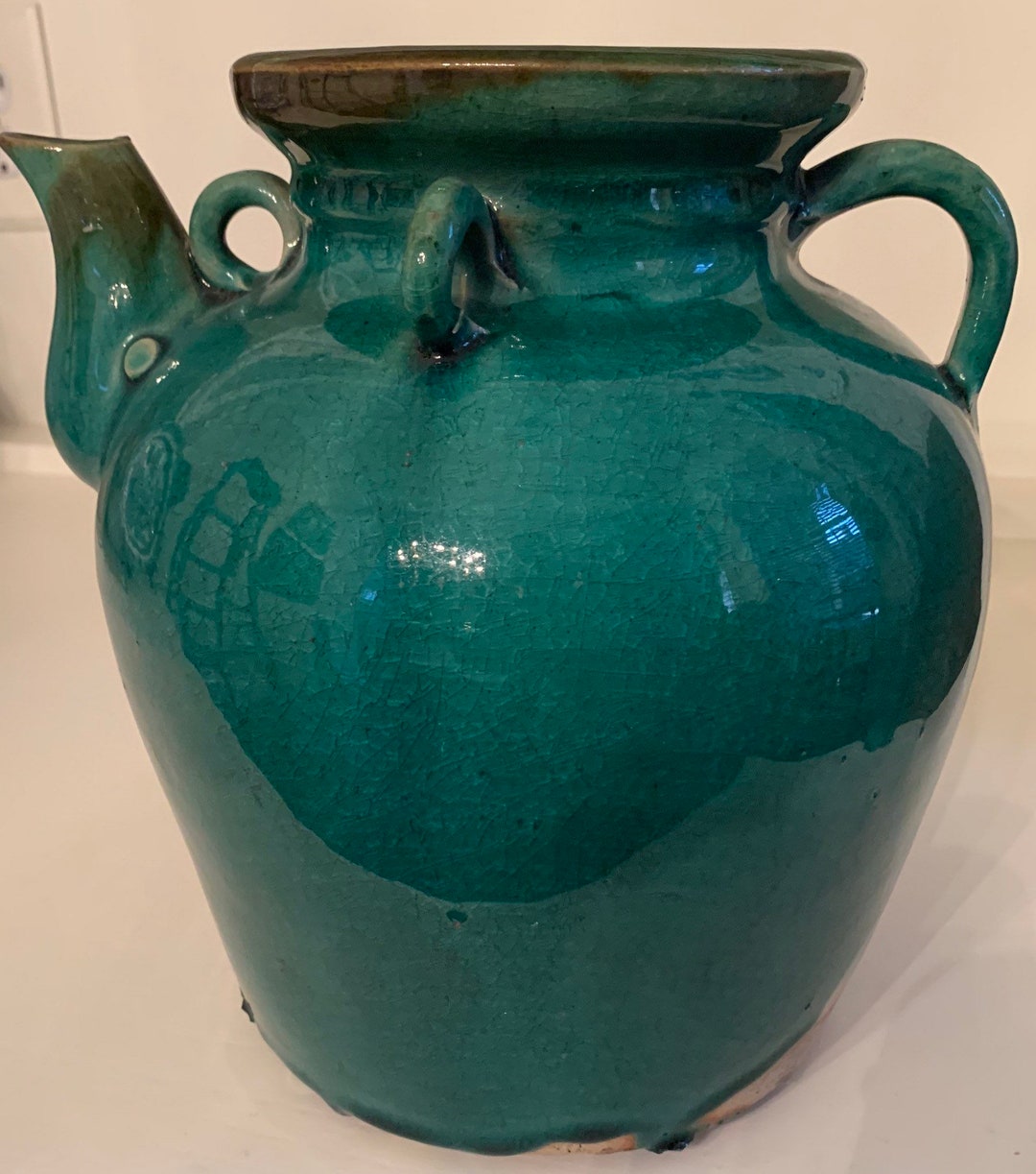 Green Pottery Pitcher Vase / Jug With Spout & Handles Etsy
