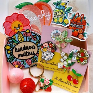 Fruity Floral Gift Set – 5 Enamel Pins, 2 Embroidered Patches, Keychain, 2 Mini Candles, Stickers | Joyful Aesthetic Box - Sunshine in a Box