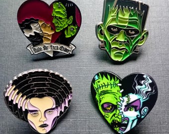 Classic Horror Enamel Pins – Frankenstein, Bride, Monster Gothic Collection, Halloween Goth Pin Collection