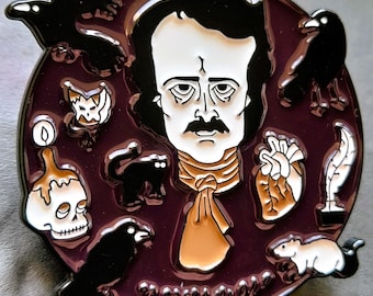 Edgar Allan Poe Enamel Pin – Gothic Horror Raven Lapel Pin with Skulls and Macabre Details | Dark Academia Gift for Literary Pin Collectors