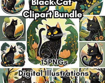 Black Cat PNG Clipart Bundle – 15 Mystical Cottagecore Cat Illustrations | Transparent Background Digital Stickers for Scrapbooking
