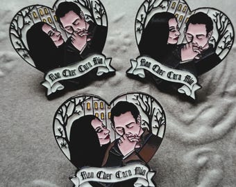 Morticia & Gomez Addams Heart Enamel Pin — Gothic Romance Keepsake, Dark Love Collector Pin