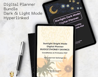 Hell- und Dunkelmodus-Digital-Planer-Bundle | Verlinkter Life & Budget Planer für iPad | GoodNotes, Druckbare PDF | PinPaperStudio Design