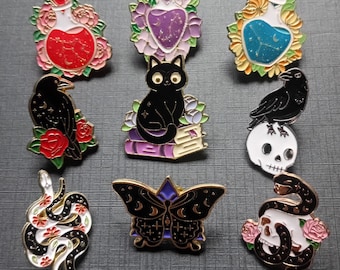 Gothic Enamel Pins Bundle – Dark Academia, Celestial, Witchy Cat, Raven, Snake, Moth Designs, Gothic Enamel Pin Set