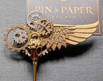 Limited Edition Steampunk Raven Skull Brooch – Gothic Victorian Gear Pin, Statement Collector Jewelry