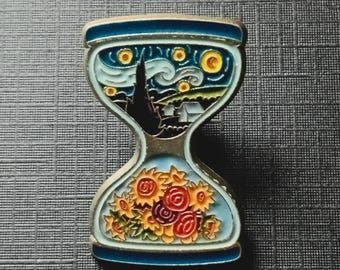 Van Gogh Art Enamel Pin – Starry Night & Sunflowers Hourglass, Limited Edition Collector Piece