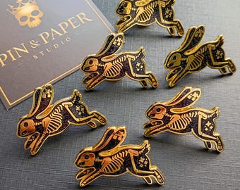 Skeleton Bunny Enamel Pin — Dark Romantic Gothic Brooch, Occult Rabbit Motif, Glitter Gold Gothic Brooch
