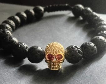 Lava Stone Skull Bracelet – Gothic Crystal Skull Charm Jewelry, Volcanic Bead Jewelry, Gothic, Dark Academia Collector Gift