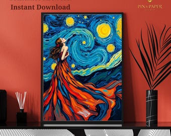 Celestial Reverie Collection — 26 druckbare Kunstwerke digitale Illustrationen, inspiriert von Van Goghs Sternennacht & ätherischer weiblicher Eleganz