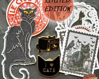 Black Cat Lover Gift Bundle –Gothic Cat Patch, Enamel Pins, Witchy Stickers | Dark Academia & Bookish Cat Accessories Box | Le Chat Noir Set