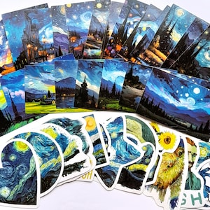 Set di adesivi Van Gogh – Adesivi artistici estetici Notte stellata – Mini cartoline + forme in vinile – Regalo per amanti dell'arte, journaling, scrapbooking