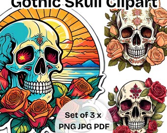 Skull and Roses Digital Art Set of 3 PNG JPG PDF | Gothic Skull Clipart |Tattoo Design | Sublimation Graphics | Dark Aesthetic Art Download