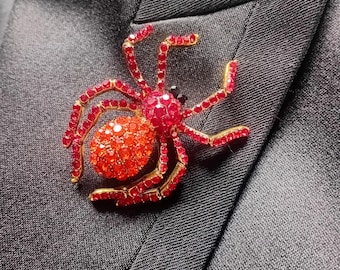 Crimson Crystal Spider Brooch – Aged Gold Gothic Statement Pin, Victorian Dark Academia Jewelry, Collector Heirloom Gift