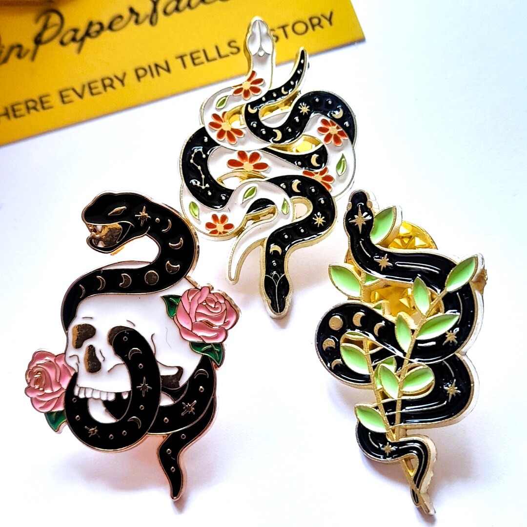 Snake Enamel Pins – Witchy Floral Serpent Pin Set of 3 or Singles ...