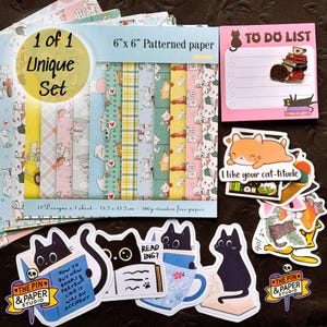 Paquete de papelería para amantes de los gatos: pegatinas de gatitos adorables, efímeras de gato negro leyendo, lista de tareas y paquete de papel estampado para diario y regalo.