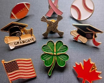 Enamel Pin Bundle – Graduation, Sports, Awareness, Lucky Clover, Flag Designs, Pin Collector Gift