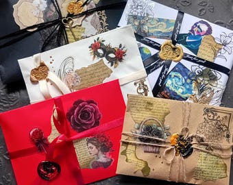 Ephemera Mystery Bundle | Gothic Dark Academia Stationery Set | Vintage Paper Pack, Wax Seal Mail, Enamel Pins, Curated Scrapbook Kit Gift