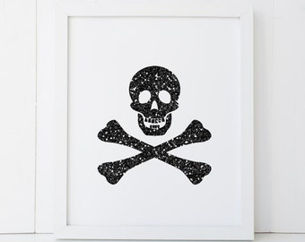 Black Glitter Skull and Cross Bones Skeleton Happy Halloween Printable Wall Art INSTANT DOWNLOAD DIY - Great Gift