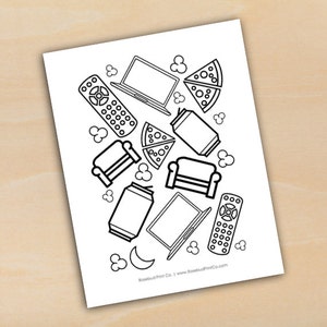 Binge Watcher Humor Coloring Page Netflix Macbook Remote Pizza Popcorn Printable Instant Download DIY