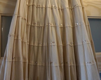 Boho Beige Earthtone Embellished Tiered Peasant Skirt Cotton Size S