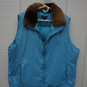 Vintage 80&#39;s Lands End Puffer Vest w/Faux Fur Collar ~ XLG ~ Goose Down Fill