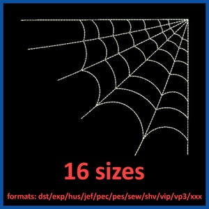 May include: A white spider web design in 16 sizes. The web is in the corner of a black square with a blue border. The text "16 sizes" is in red below the web. The text "formats: dst/exp/hus/jef/pec/pes/sew/shv/vip/vp3/xxx" is in white below the text "16 sizes".