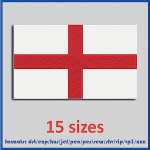 May include: The flag of England, a red cross on a white background. The image shows 15 different sizes of the flag available for purchase. The text "formats: dst/exp/hus/jef/pec/pes/sew/shv/vip/vp3/нни" is below the flag.
