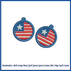 May include: Two small, round, blue and red embroidered patches with a white star and stripes, resembling the American flag.