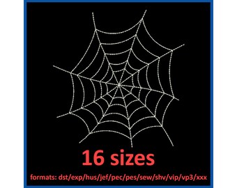 May include: A white spiderweb design on a black background, with a blue border. The image includes the text "16 sizes" in red, and the formats: dst/exp/hus/jef/pec/pes/sew/shv/vip/vp3/xxx.