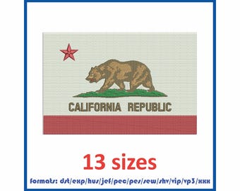 Borduurpatroon van de Californische vlag voor borduurmachines. Direct te downloaden als digitaal bestand. Verkrijgbaar in 13 maten en 11 formaten.