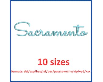 Sacramento embroidery font 10 sizes 0.5(1/2), 1, 1.5, 2, 2.5, 3, 3.5, 4, 4.5, 5 inches and 11 formats