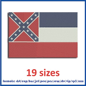 Pode incluir: Uma bandeira vermelha, branca e azul com um cantão azul que apresenta uma cruz branca com 13 estrelas brancas. A bandeira está disponível em 19 tamanhos e em vários formatos, incluindo dst, exp, hus, jef, pec, pes, sew, shv, vip e vp3.