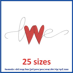 Inscription LOVE. Two hearts. Mini fill stitch machine embroidery desin.
