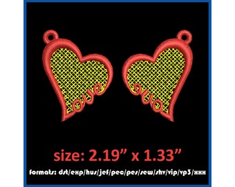 Heart with word Love. Valentine day. Machine embroidery desin Free Standing Lace (FSL). Earring decoration.