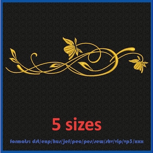 May include: Gold embroidery design featuring a floral motif with two stylized flowers and swirling vines. The design is available in five sizes and in multiple embroidery file formats.