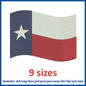 May include: A digital embroidery design of the Texas state flag, featuring a blue, white, and red color scheme. The flag is waving in the wind. The design is available in 9 sizes and in multiple formats, including DST, EXP, HUS, JEF, PEC, PES, SEW, SHV, VIP, VP3, and XXX.