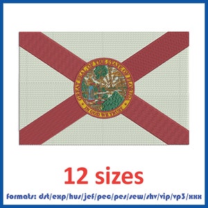 May include: A digital embroidery design of the Florida state flag. The flag is white with a red diagonal cross and the state seal in the centre. The seal features a depiction of the state tree, the sabal palm, and the words "Great Seal of the State of Florida" and "In God We Trust". The design is available in 12 sizes and in the following formats: dst, exp, hus, jef, pec, pes, sew, shv, vip, vp3, and xxx.