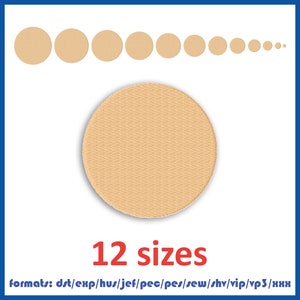May include: A digital embroidery design featuring twelve tan circles of varying sizes. The largest circle is centered, with smaller circles arranged above. The text "12 sizes" is displayed in red, with format details below.